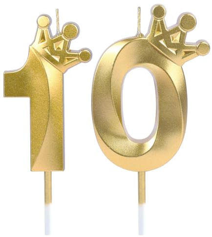 URAQT Velas de Cumpleaños Número10,Velas Pastel Cumpleaño Doradas,conCorona | Decoración de Velas de 10 Años, para Decoraciones de Pastel Mujeres y HombresAniversario Fiesta Temática
