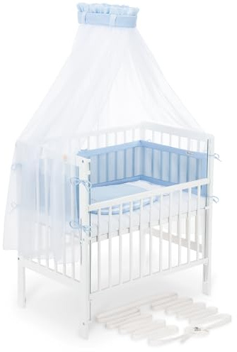 FabiMax Boxspring Baby Beistellbett Flex 90x55 Komplettset, aus Buchenholz weiß lackiert, mit innovativem verstellbarem Seitengitter, passend für Boxspringbetten (Blau, Air 90x55)