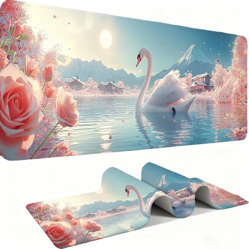 Tapis de Souris 600x300mm Tapis Souris Gamer, Mousepad de Bureau Ultra Mince Base en Caoutchouc Antidérapante Lavable Vitesse précision Améliorées pour PC, Ordinateur, Travail-Le Cygne De Lune C0P-362
