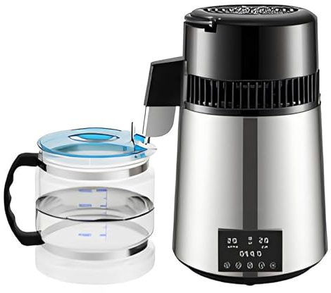 304 Stainless Steel Water Distiller, 4L Countertop Distilled Water Machine with Glass Container, Dual Temperature Display and Timer for Home Use