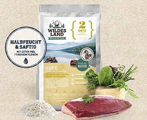 Wildes Land - Halbfeuchtes Trockenfutter für Hunde - Nr. 2 Ente - 5000 g - mit Reis und Wildkräutern - Glutenfrei - Extra viel Fleisch - Soft Für alle Hunderassen - Beste Akzeptanz und Verträglichkeit