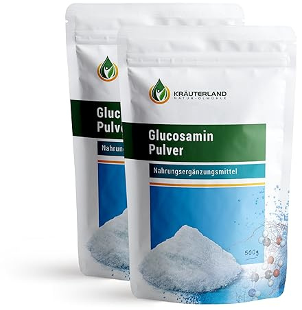 Kräuterland Glucosamin Pulver 2X500g (1 kg) hochdosiert ohne Zusatzstoffe | Grundbaustoff für Knorpel, Sehnen und Gelenke, 2KCL aus Schalentieren, Wiederverschließbarer Frischebeutel, gut löslich