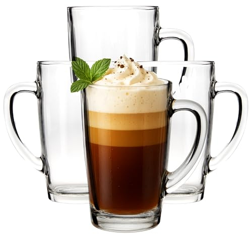 Premier Housewares Durable Clear Tall Glass Coffee Mugs Set Of 4 | Rounded Handle Of Glass Mugs | Versatile Coffee Cups | Light Weight Double Walled Glass Mugs | Compact Glass Cup