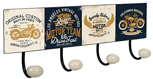 Lashuma Blechschild Metallhaken Nostalgie, 4er Wandgarderobe 40x15,5 cm, Große Deko Küchen Haken Retro Motiv Motorrad