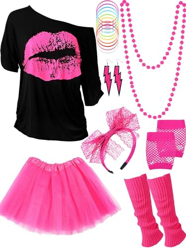 Blulu Costume anni '80 accessori per costume da donna neon maglietta gonna tutù per Halloween