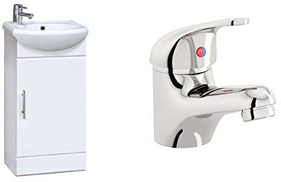 VeeBath Linx 420mm High Gloss White Mini Cloakroom Vanity Unit with Egham Designer Monochrome Mixer Sink Basin Tap (Flat Pack)