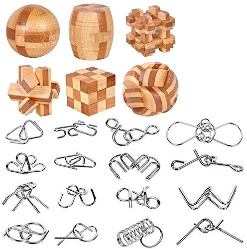 YGZN Metalldraht Puzzle Set von 22 mit Tasche, IQ Test Mind Game Denkaufgabe Zaubertrick Spielzeug für Kinder und Erwachsene (Wooden&Metal Puzzles 22pcs)