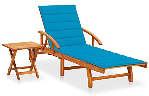 Sonnenliege, mit verstellbarer Rückenlehne und Fußstütze, ausziehbarem Tisch und blauer Auflage, für Terrasse und Garten