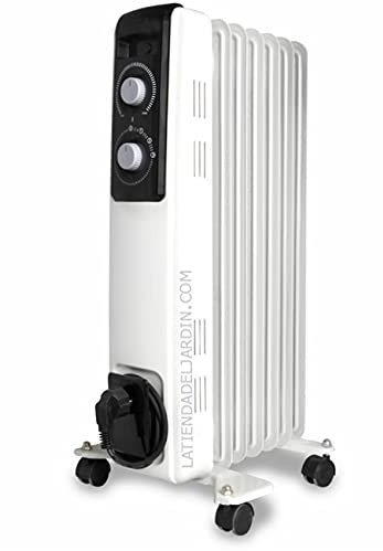 Riscaldatore ad olio con 7 elementi riscaldanti ad alta inerzia termica. Potenza massima di 1500 W. 3 potenze di riscaldamento: 600 W - 900 W - 1500 W.