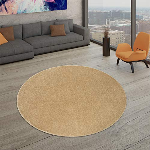 TT Home Tappeto Salotto Moderno, Camera da Letto, Pelo Corto, Lavabile, Monocolore Pastello, Facile da Pulire, Colore:Oro, Dimensione:120 cm tondo