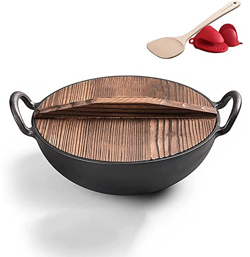 MNSSRN Padella in Ferro a Due Manici, Padella in Ferro Antiaderente Spesso Non Rivestito, Padella con Coperchio in Legno, usata per friggere, arrostire, friggere al Vapore,36cm