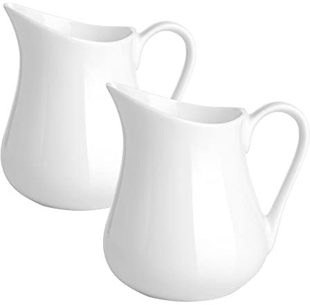 Gurygo 2 Pack 8 oz Ceramic Creamer Pitcher Set with Handle, Small Classic White Milk Container, Fine Porcelain Creamer Pitcher for Coffee Milk Sauces Salad, Microwave & Freezer Safe