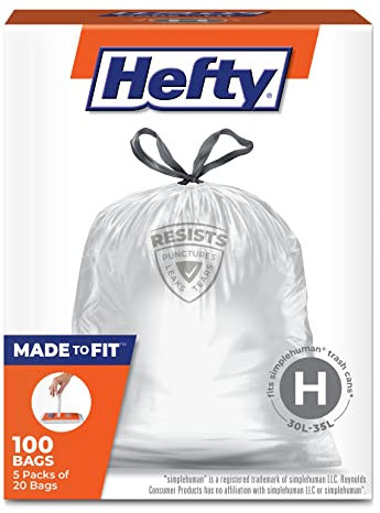 Hefty Made to Fit Trash Bags, Fits SimpleHuman Size H (9 Gallons), 100 Count (4 Pouches of 25 Bags Each)