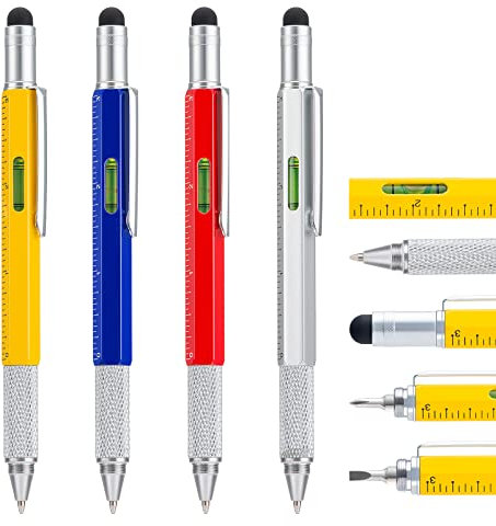 4 Stücke Multitool Stift mit Extra Nachfüll, 6-in-1 Werkzeug mit Lineal & Levelgauge, Multifunktionale Metall Kugelschreiber, Cool Gadget für Männer, Geschenk für Mann Papa Vater (4 Farbe)