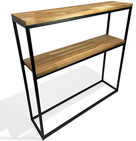 Schmaler Konsolentisch Schmal Beistelltisch, Flurtisch, Kleiner Ausstellungstisch, Sofatisch für kleinen Raum, für Eingang Flur Schwarz metall holz eiche industrial LOFT design (80x80x20 zwei Regale)