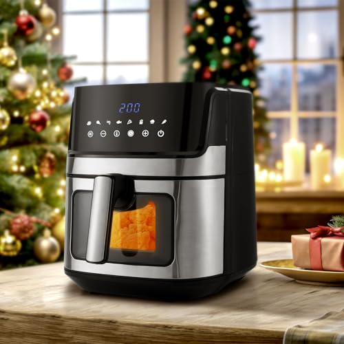 CLIPOP Large Digital Air Fryer Home Use Energy Saving Visible Cooking Window Airfryer with 8 Functions inc Air Fry, Bake and Roast, Digital Touchscreen Air Fryers Oven, Oil Free Hot Cooker, 6.5L XL