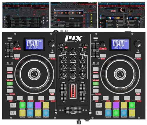 LyxJam 2-Deck Portable DJ Controller, Mixing Console with LCD Display | Manual Looping, USB, MIC Input, Record Output, 16 Performance Pads with Virtual DJ LE Software Included (Download)