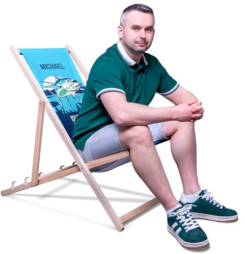 DreamRoots Vatertagsgeschenk personalisiert, Liegestuhl Holz klappbar, Papa | Sonnenliege klappbar Holz, Geschenk für Papa, mit Spruch, bis 130 kg, verstellbar, waschbarer Bezug, für Garten