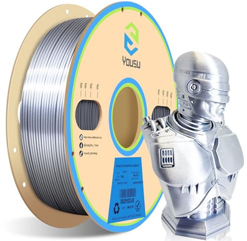 YOUSU Silk PLA Filament 1.75mm, Silk PLA Silber,3D Drucker Filament,PLA 1kg(2.2lb) Spool,Shiny Seide silber,PLA Metallic Silber