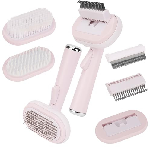 BELLE VOUS Pink 5-in-1 Pet Grooming Brush Kit - Shedding, Dematting & Loose Undercoat Cleaning Tool - Bristle Pin Comb for Long/Short Hair Cats & Dogs