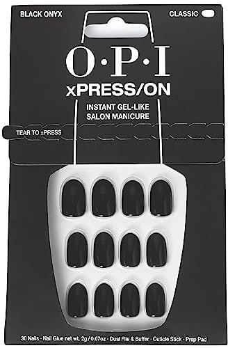 OPI xPRESS-ON Lady in Black - Dark Black Short and Round Shaped Press On Nails - With Nail Glue - Long Lasting, Reusable and Non-Damaging False Nails
