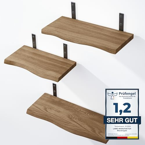LAMO Manufaktur 3 unidades de estantería de pared de madera 42/36/30 cm | Estantería flotante maciza 100% madera real | Estantería colgante para salón, dormitorio, cocina, oficina, cuarto de baño |