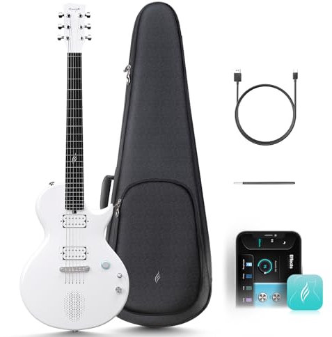 Enya E-Gitarre Nova Go Sonic – Weiße Intelligente E-Gitarre aus Kohlefaser mit Kabellosem 10-W-Lautsprecher, Integrierten Voreinstellungen, Ladekabel, Einstellschlüssel und Gigbag