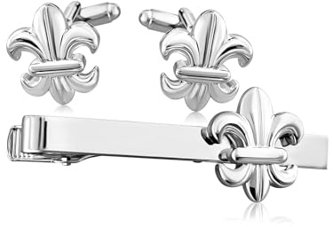 Ensemble Pince à Cravate et Bouton de Manchette Homme | Broche Cravates Fleur de Lys | Accessoire Argenté Mode Hommes | Cadeau Affaires Anniversaire de Mariage