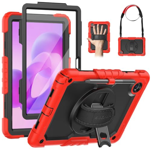 SEYMAC Hülle für Lenovo Idea Tab 11 2025/Tab M11/K11 Gen 2 11 Zoll, Rot | Stoßfeste Hülle mit Displayschutzfolie, 360°Drehbarem Ständer, Handschlaufe, Schultergurt, Stifthalter, Arbeit/Outdoor&Alltag