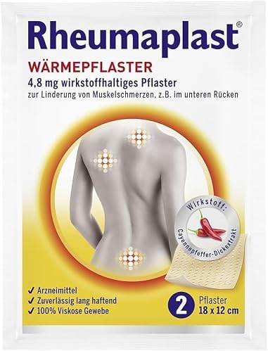 Rheumaplast Wärmepflaster zur Linderung von Muskelschmerzen z.B. im unteren Rückenbereich 5er-Set, effektive und schnelle Wärmetherapie mit der Kraft der Chili, 1 x 2 Pflaster