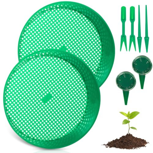 TOATELU Set di 2 colini da giardino rotondi, in plastica, con spiker, seme e piantine, colino per attrezzi da giardino, colino per terra e compost