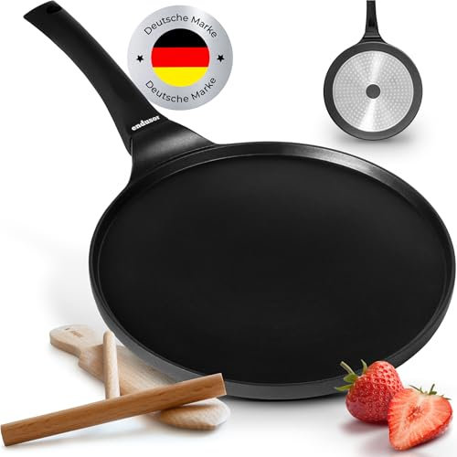 endusor Sarten Crepes Induccion 26cm con 3 capas de antiadherente + espatula y esparcidor de madera de haya alemana - Sartén para crepes apta para TODAS las cocinas - Crepera sarten sin PFOA + PFOS