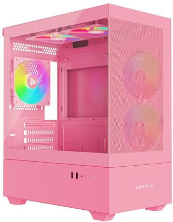 Apevia Phantom-MESH-PK Phantom Micro-ATX Dual-Chamber Mesh Gaming PC Case w/ 5X 120mm ARGB Fans, 366 RGB Modes, Mesh Airflow Performance Front Panel, 240mm Radiator Support, 2X USB3.0, HD Audio, Pink