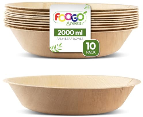 FOOGO Green 10pcsDisposable Palm Leaf Serving Bowls, 12(30cm), 67.6oz (2000ml), Deep Round, Biodegradable Compostable, for Salad, Wedding Party, Like Wooden, Bamboo and Paper Bowls