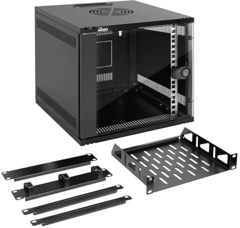 Tecmojo 6U Wall Mount Data Cabinet, 10in Wide 330mm Depth Network Cabinet with Rack Shelf, Brush Panels, Cable Organizer for 10'' AV/IT/Data NAS Devices, 50kg Capacity, Glass Door