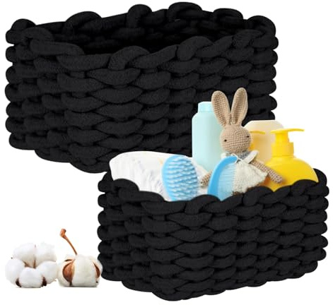 2 cestini portaoggetti in cotone, corda di cotone intrecciato, per la cameretta dei bambini, il soggiorno, il bagno, D27 x 17 cm + D33 x 22 cm (nero)