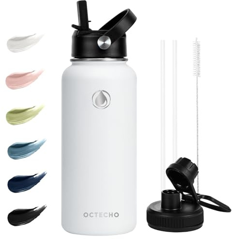 OcTecho Metal Water Bottle with Straw, 950ml Stainless Steel Water Bottle 2 Leakproof Lids, BPA Free Double Walled Vacuum Insulated Water Bottles Thermal for 12h Hot & 24h Cold,for Man,Woman-White