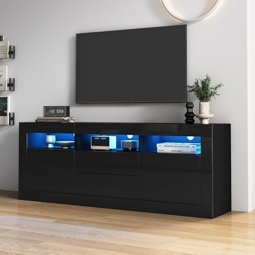 Murul, mobile porta TV con finitura lucida e illuminazione LED, 3 ripiani aperti, per televisori da 70 pollici, supporto TV lucido, 2 ante, 2 cassetti, controllo tramite app smart 160×35×60 cm (Nero)