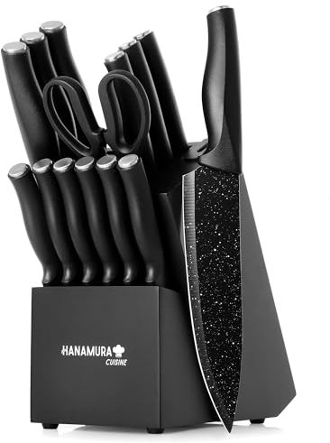 Hanamura messerblock - 14-teiliges Messerset Mit integriertem Messerschleifer & Küchenschere - Messerblock mit Messer Set - Küchenmesser Set mit Tourniermesser & Käsemesser - Schwarz