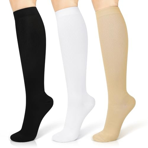 3 Pairs Compression Socks 15-20 mmhg for Men & Women, Support Socks Compression Stockings for Running, Swelling, Nurse, Flight, Nurses,Edema (Black+White+Beige, L/XL)