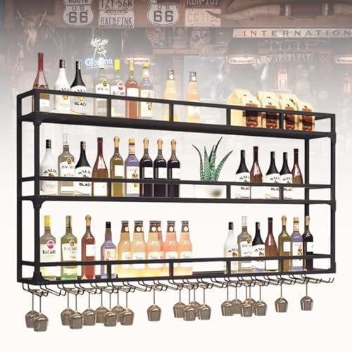 Estante de vino de pared con luz LED para botellas de licor y copas de vino, estantes flotantes de metal multifuncional para el hogar, restaurante, bares, color negro, 80 x 25 x 90 cm