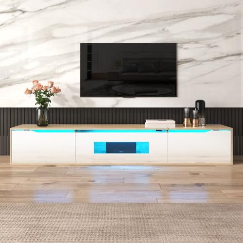 Seyakany Meuble TV, Meuble TV Haute Brillance, Couleur Assortie au Blanc Brillant et à la Couleur du Bois, avec lumière LED changeant de Couleur, 180 x 35 x 30 cm