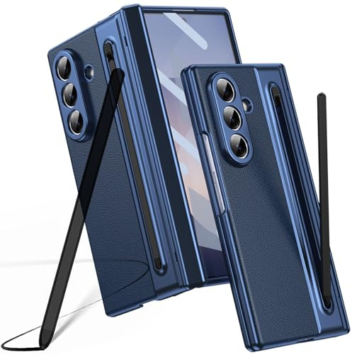Hülle für Galaxy Z Fold 7, Samsung Fold7 Hülle mit integriertem Scharnierschutz, Samsung Galaxy Z Fold7 Lederhülle mit Displayschutz + S Pen Stylus Ersatz + Stifthalter-Blau