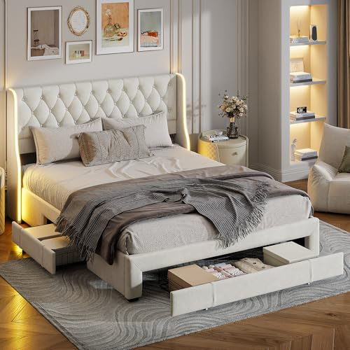 KSFASHZ Bett 160x200 mit Schubladen,Doppelbett Bettrahmen mit LED-Kopfteil,Gepolstertes Bettgestell mit 3 Schubladen,Lattenrost aus Holz, Polsterbett Beige Samt (ohne Matratze)