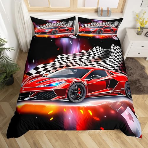 Homemissing Voitures de Sport de Vitesse Housse de Couette 220x240cm Sports extrêmes Parure de Lit Enfants garçons Filles Rouge Ensemble de literie Microfibre