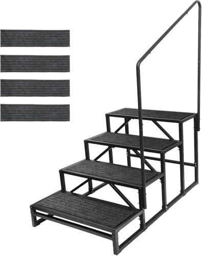 OUTPRIZE RV Steps with Handrail and Mat, 5-Step Heavy Duty Stable Universal Stair for RV Travel Trailers Pool Hot Tub Trampoline