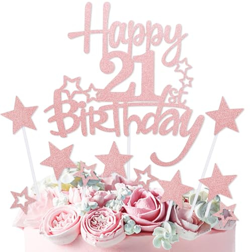 mciskin Rose Gold Happy 21st Birthday Cake Toppers,21st Birthday Decorations for Girls,Personalised Cake Topper Rose Gold Glitter Star Cupcake Toppers for Girls Women Party Decorations Supplies