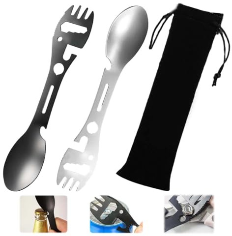 GHPKOTW 2 Pièces Cuillère Fourchette Multifonctionnelle 9 en 1, Acier Inoxydable, Couverts de Camping, Vaisselle de Randonnée, Couverts Pliables, Pour Plein Air, Pique-Nique, Voyage