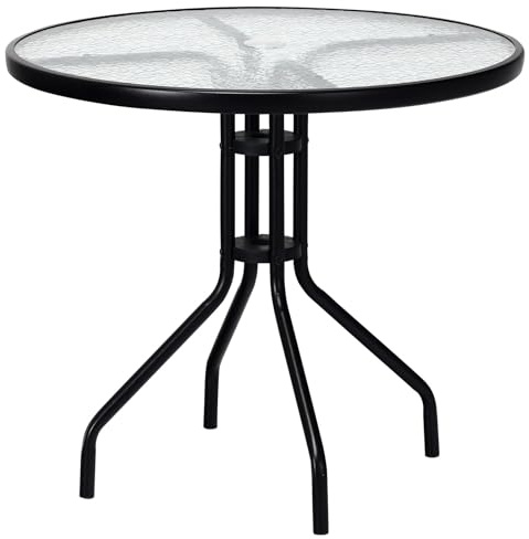 FANTASK Gartentisch Wetterfest, runder Balkontisch mit Schirmloch, Terrassentisch mit Tischplatte aus gehärtetem Glas für Hof, 70x70x71cm, Terrasse und Garten