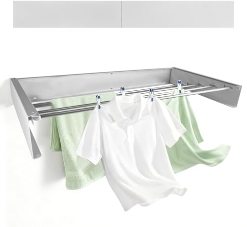 VELLUSTRA Stendibiancheria Pieghevole, Montaggio a Parete Stendino da Balcone, 5 Barre Antiruggine, Salvaspazio, per Interno ed Esterno, per Terrazzi, Balconi (Bianco, 80 x 40 x 10 cm)